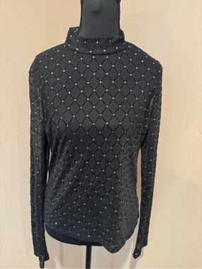 Talent Black Sheer Mesh Diamond Pattern Top with Silver Sparkle Accents